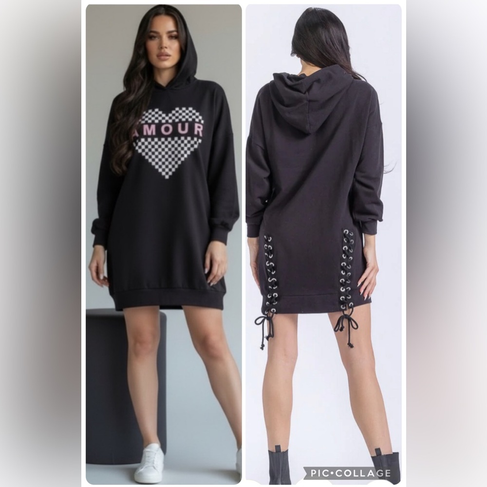 NWT Amour Black Corset Lace Up Checkered Hoodie Sweatshirt Mini Dress Boutique